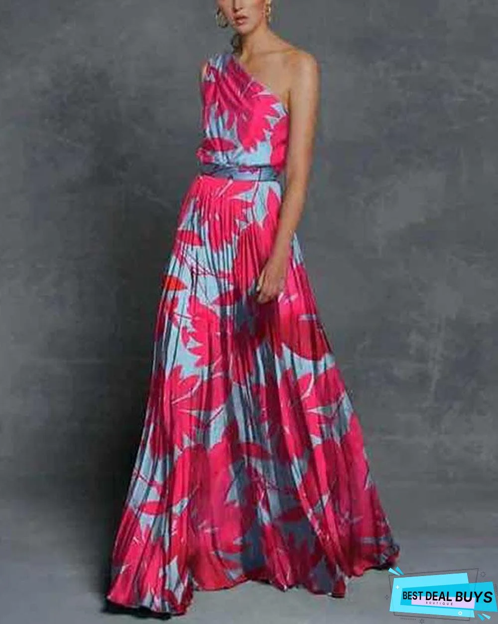 Women's Swing Dress Maxi Long Dress Sleeveless Print Trees / Leaves Spring & Summer One Shoulder Hot Holiday Beach Vacation Dresses Green Rose Red