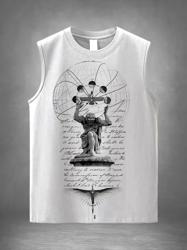Men's Vintage Greek Statue Holding The Globe Print Workout Tank Top