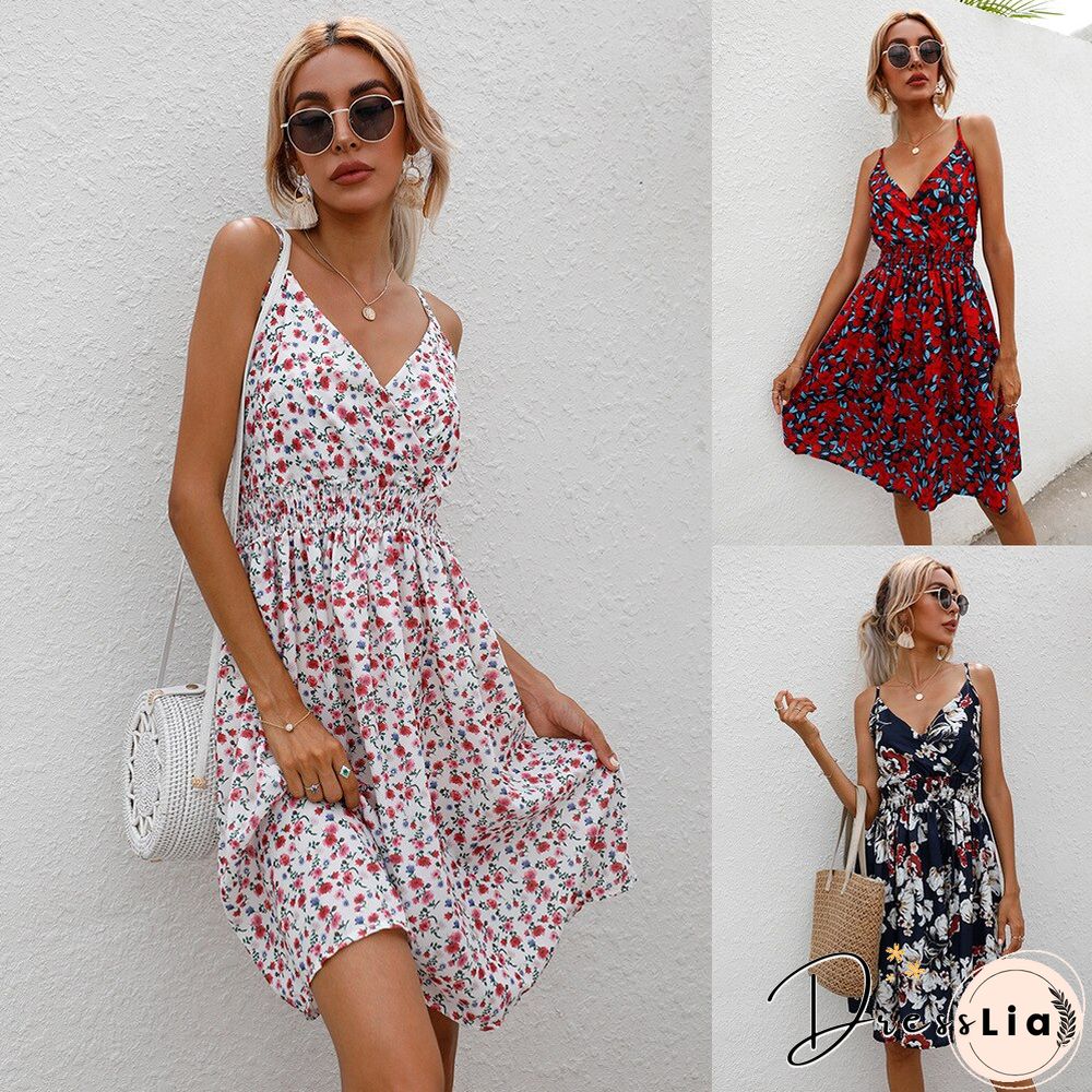 Summer Halter Print V-neck Dress Women Sleeveless Backless Beach Vacation Beach Dress Vestidos Elegantes Para Mujer