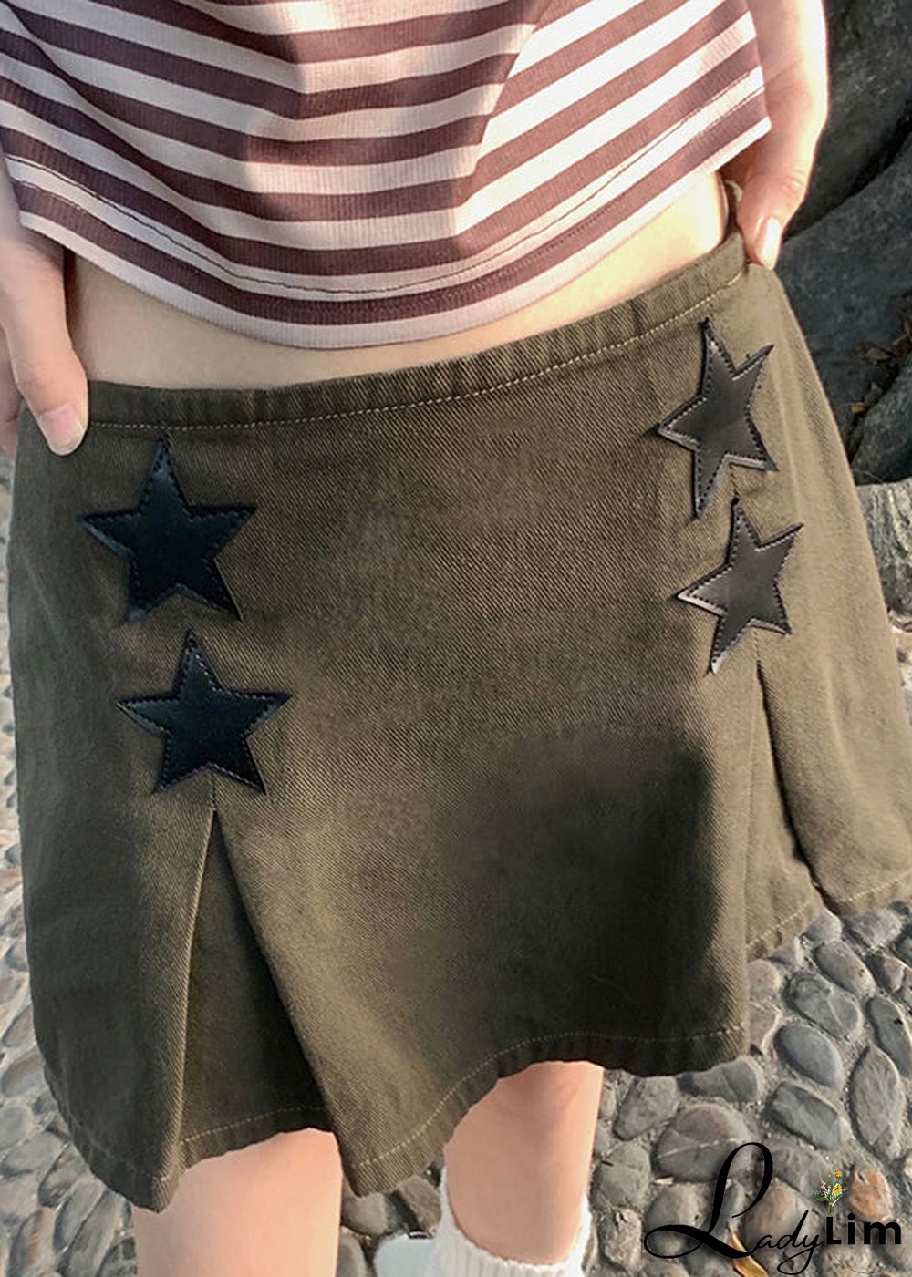 Modern Army Green Zippered High Waist Patchwork Denim Skirts Fall