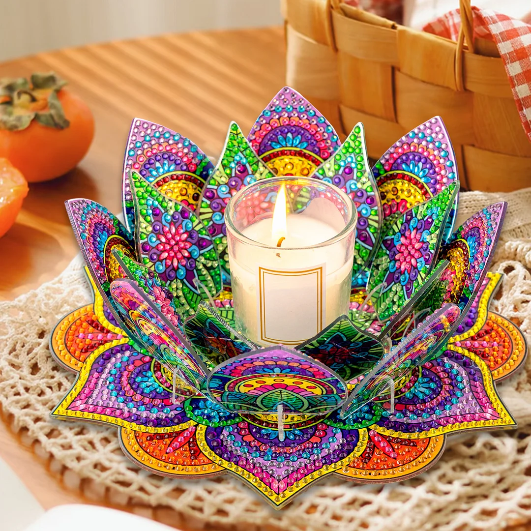 5D DIY Diamond Art Painting DIY Acrylic Desktop Ornament Flower Candle Holders Tealight Handmade Home Office Decor for Adults Beginners ( Purple and Yellow Lotus)