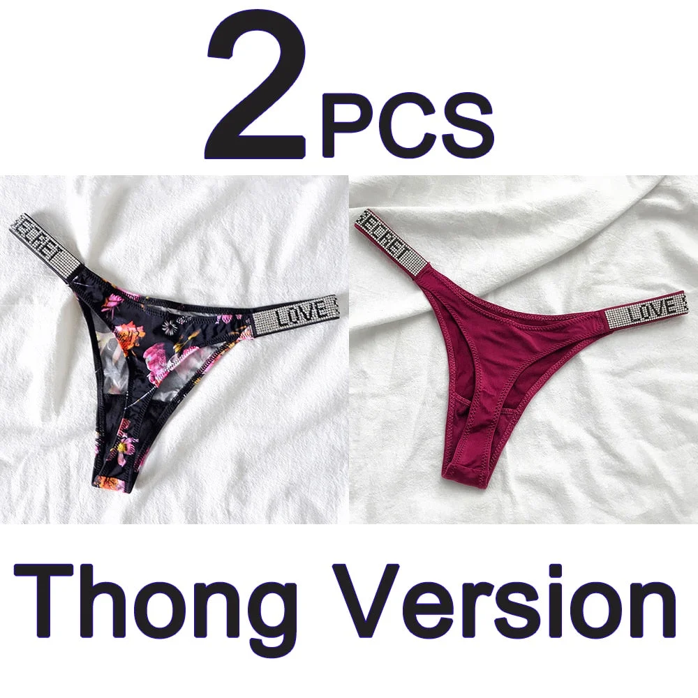 2PCS Sexy Low Waist Panties G String Comfort Satin Underwear Women Rhinestone High Fork Thong Seamless Intimates Lingerie Cotton