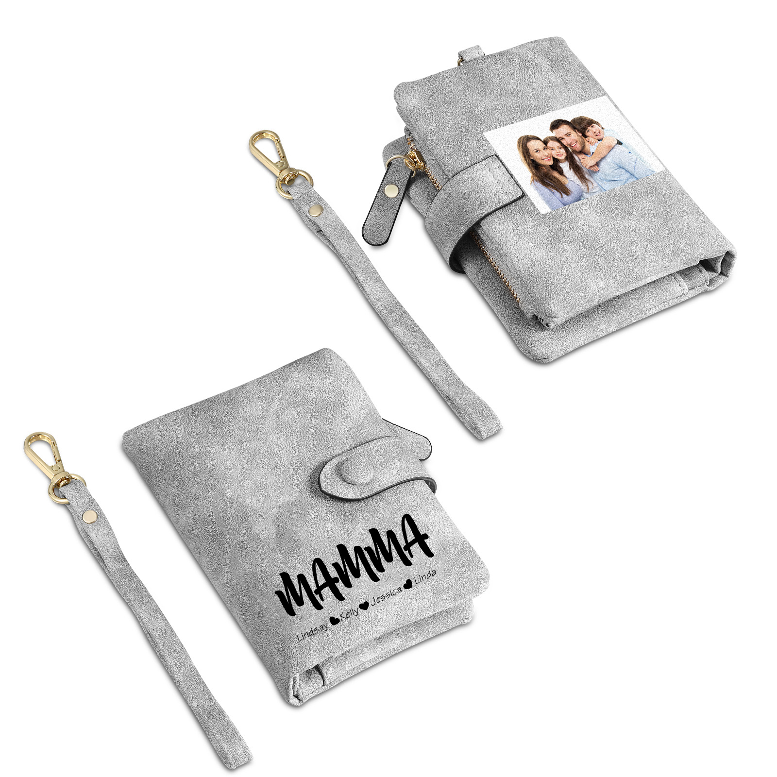 Portafoglio in PU pelle con 4 nomi & 2 testi & 1 foto personalizzati per mamma