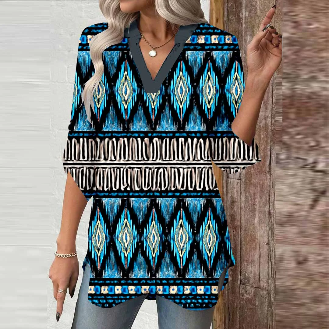Women Striped, Blue DZGA0040 3/4 Sleeve V-neck Printed Graphic Button Tops