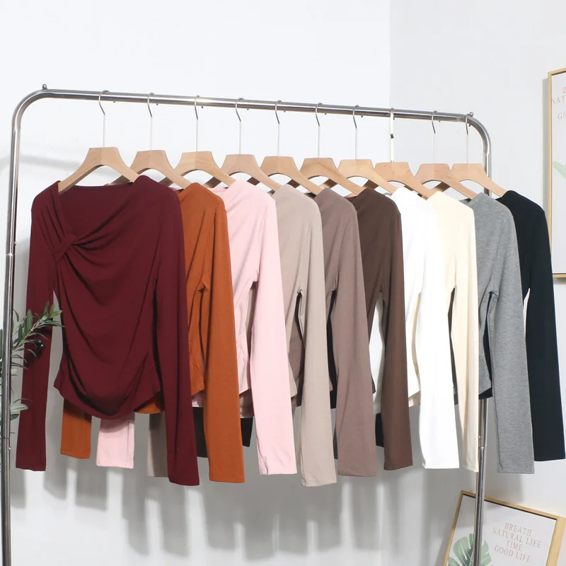 Uveng Side Bow Tie Design Folded Long-Sleeved T-Shirt Slim Thin Autumn Dress T-Shirt Short Top 1662