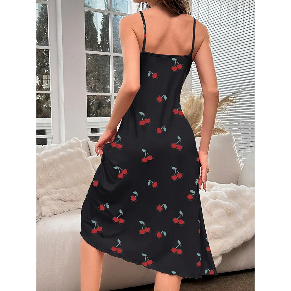 Uveng Uveng Cherry Print Medium And Long Dress Pyjamas Sexy Comfortable Home Clothes Women