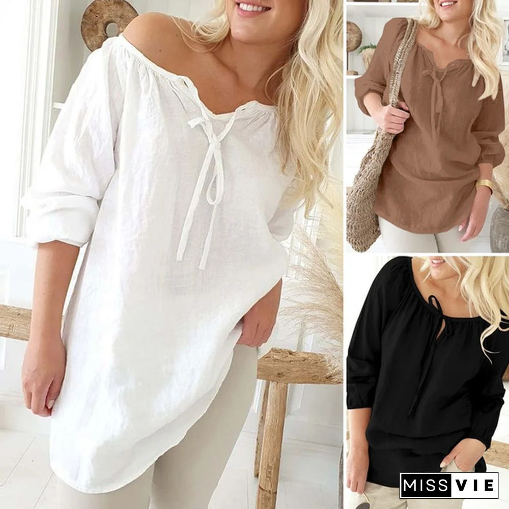 Spring Women Fashion Tops Blouse O-Neck Solid Long Sleeve Office OL Casual Baggy Shirt