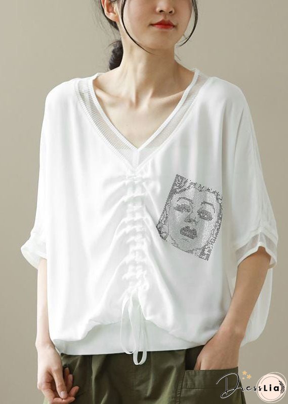 Natural White Oversized Print Wrinkled Chiffon Shirt Top Half Sleeve