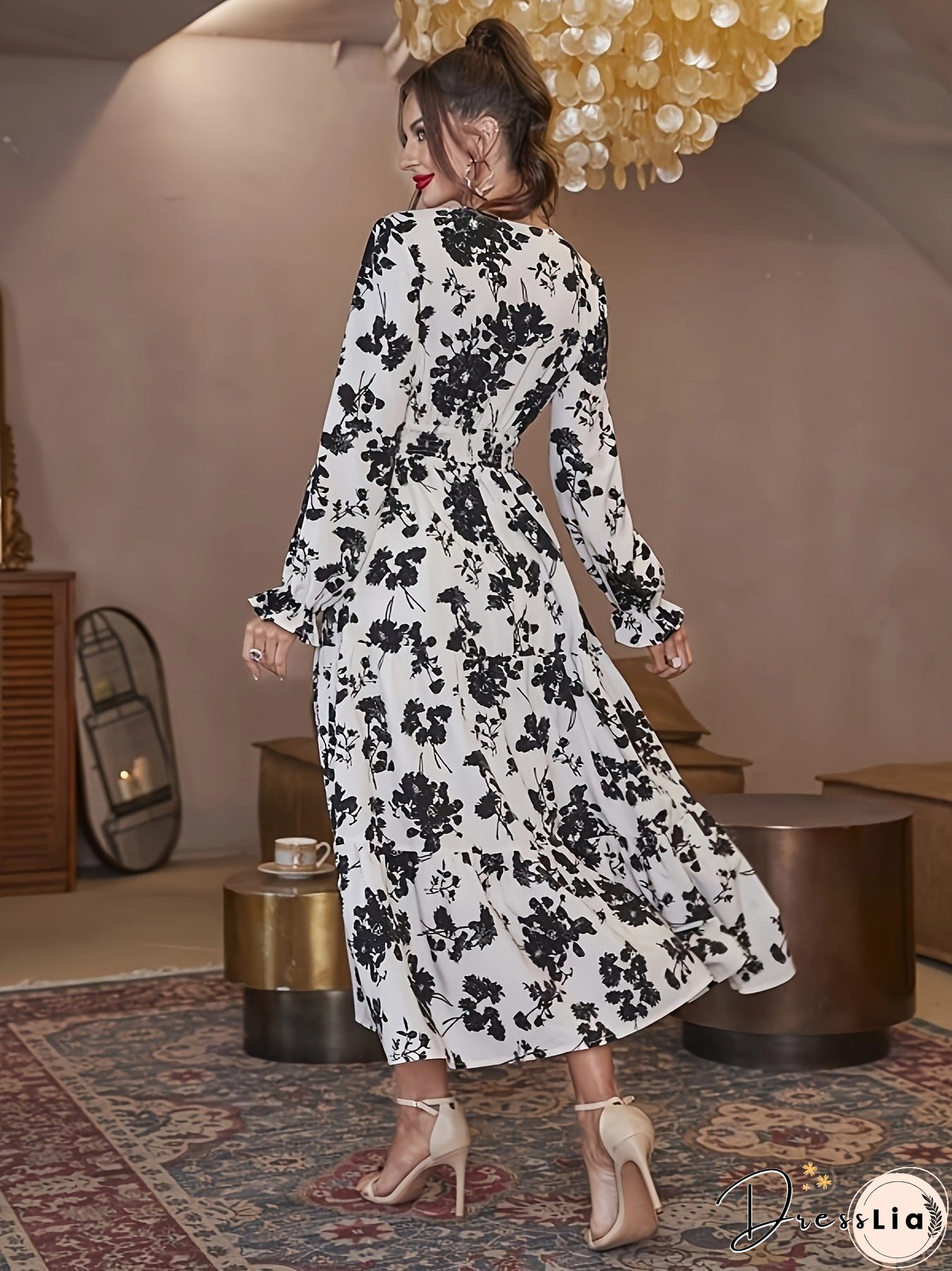 Floral Print Lantern Sleeve Dress, Casual V Neck Cinched Waist Dress For Spring & Fall, Women's Clothing