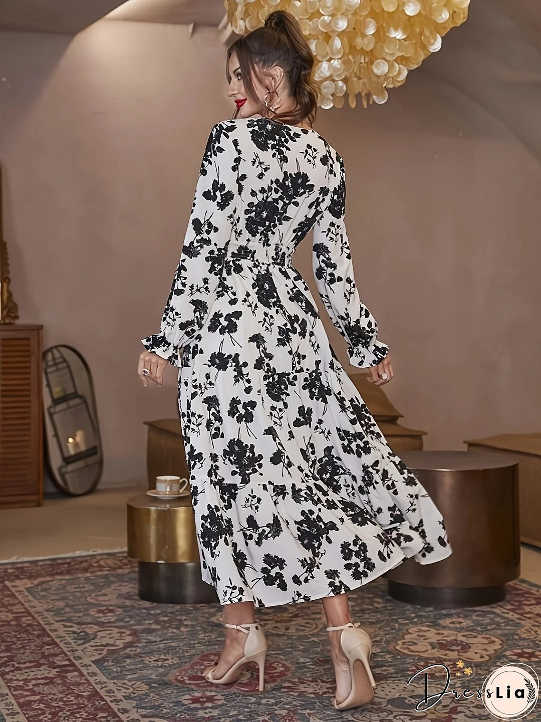 Floral Print Lantern Sleeve Dress, Casual V Neck Cinched Waist Dress For Spring & Fall, Women's Clothing