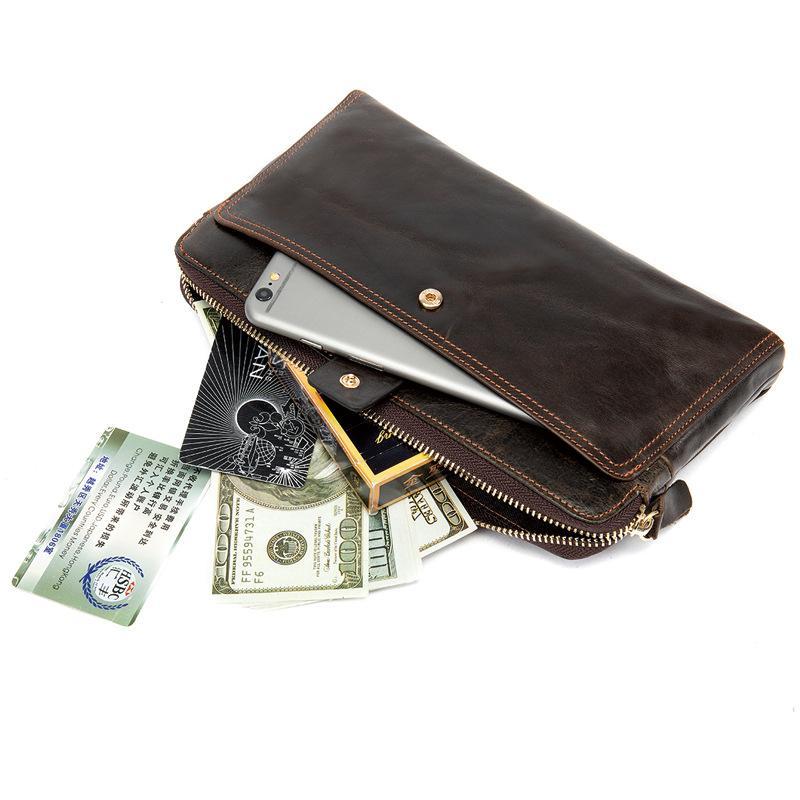 Mens Business Plain Leather Zipper Clutch Bags