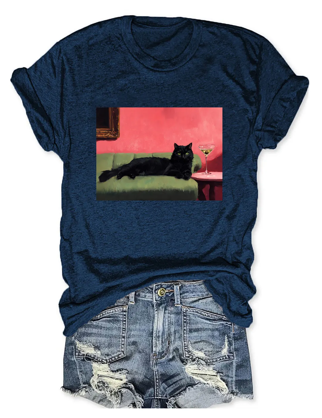 Black Cat With Martini Art T-shirt