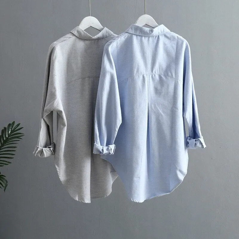 2021 Autumn Women Solid Cotton Blouse Korean Long Sleeve Top Women Vintage Gray Top and Blouse with Pocket Women's Clothing 6658