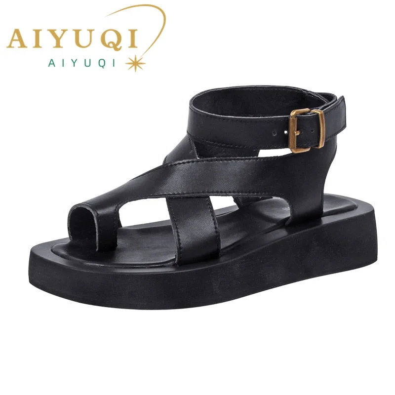 AIYUQI Sandals Women Genuine Leather 2022 Summer New Clip Toe Sandals Ladies Roman Women Shoes Muffin Sandals