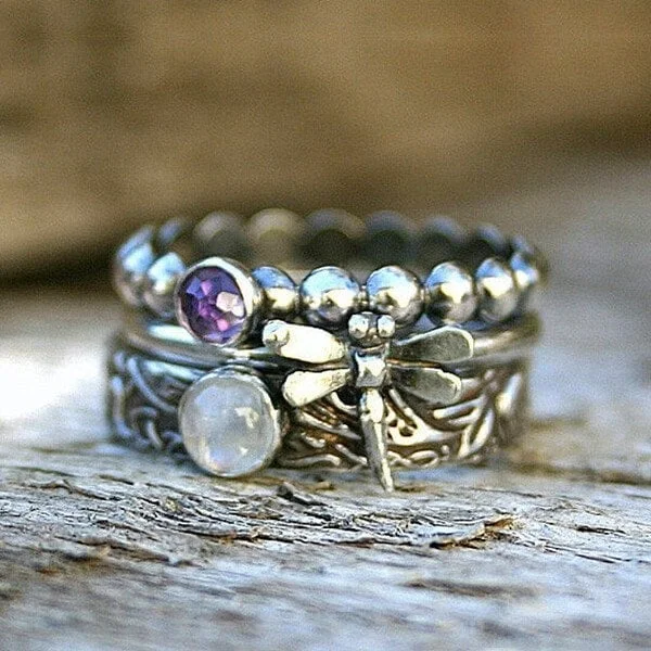 🔥Last Day 75% OFF🎁Dragonfly Inlaid Gemstone Three-piece Stacking Ring