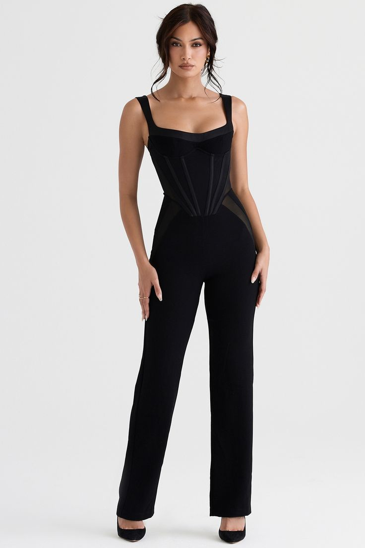 Oknass Simple Black Spaghetti Strap Sleeveless Slimming High Waist Long Jumpsuit 
