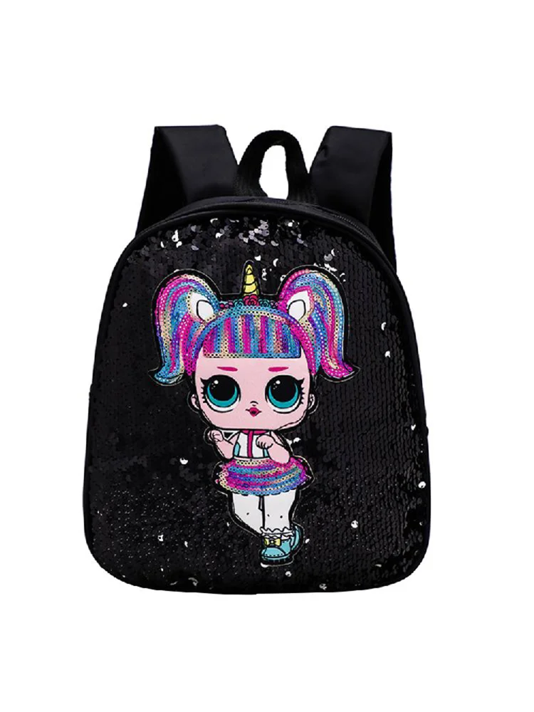 Fashion Glitter Backpack Cartoon Sequin Girls Travel Book Schoolbag (Black)