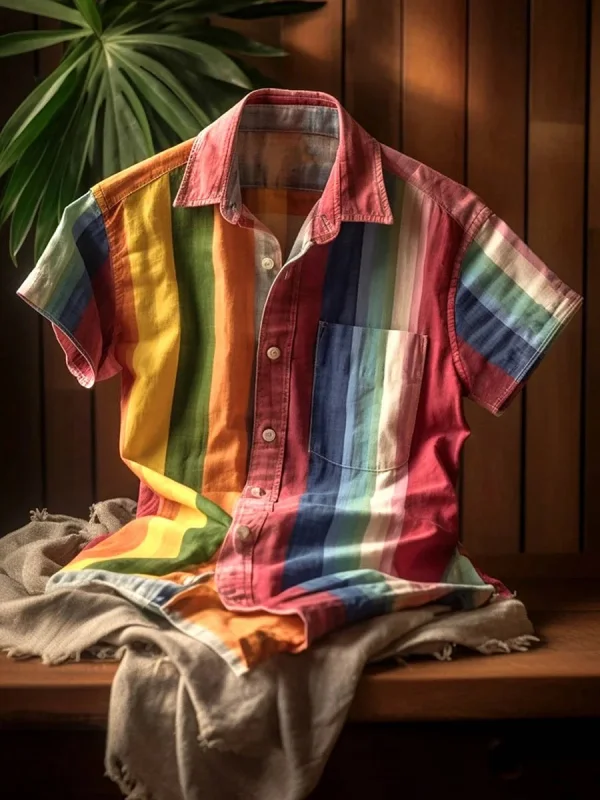 Men's Casual Rainbow Stripe Short Sleeve Shirt