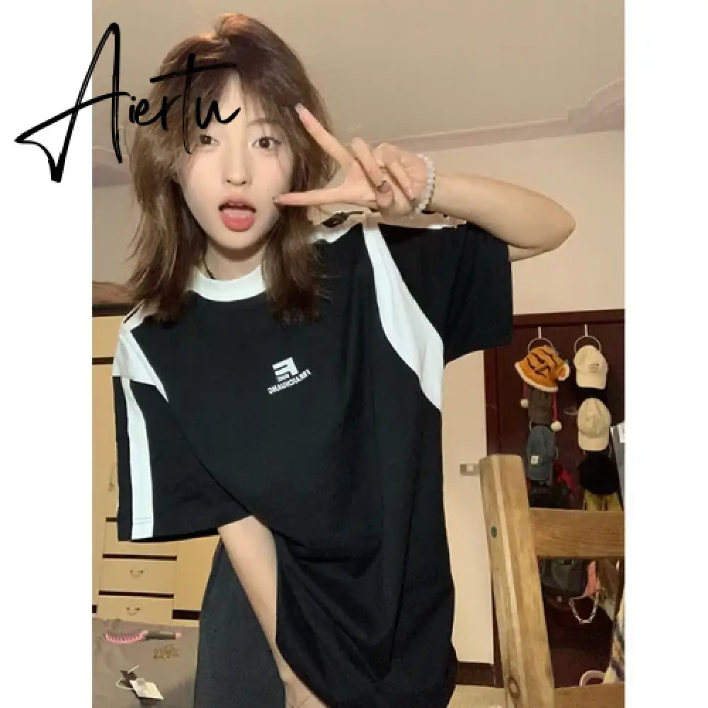 Aiertu Trendy Summer Loose Casual T-Shirt All Match Contrast Color Patchwork Tshirts Women Grunge Letter Print Tee Shirts Y2k Aesthetic Aiertu