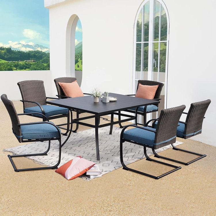 7 Piece Patio Bistro Set with 2 Conversation Chairs and 1 Coffee Table (Peacock Blue Cushion)