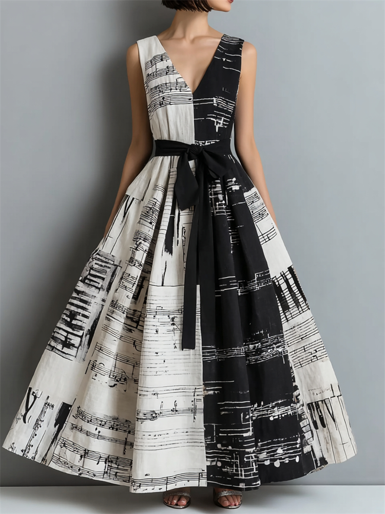 Comstylish Music Notes Piano Contrast Patchwork Tied Linen Maxi Dress