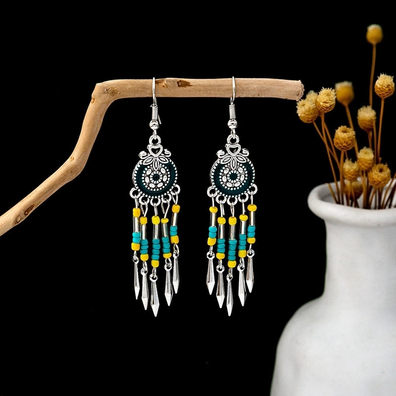 Bohemian Blue Turquoise National Style Earrings Imitation Miao Silver Metal Earrings Vintage Tassel Earrings