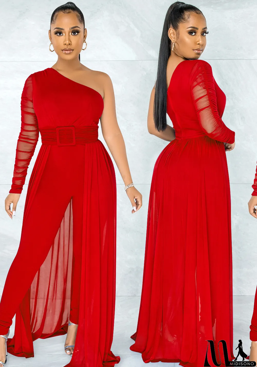 MidiSono - Women Summer Red Romantic Slash Neck Full Sleeves Solid Mesh Ripped Full Length Regular Jumpsuit