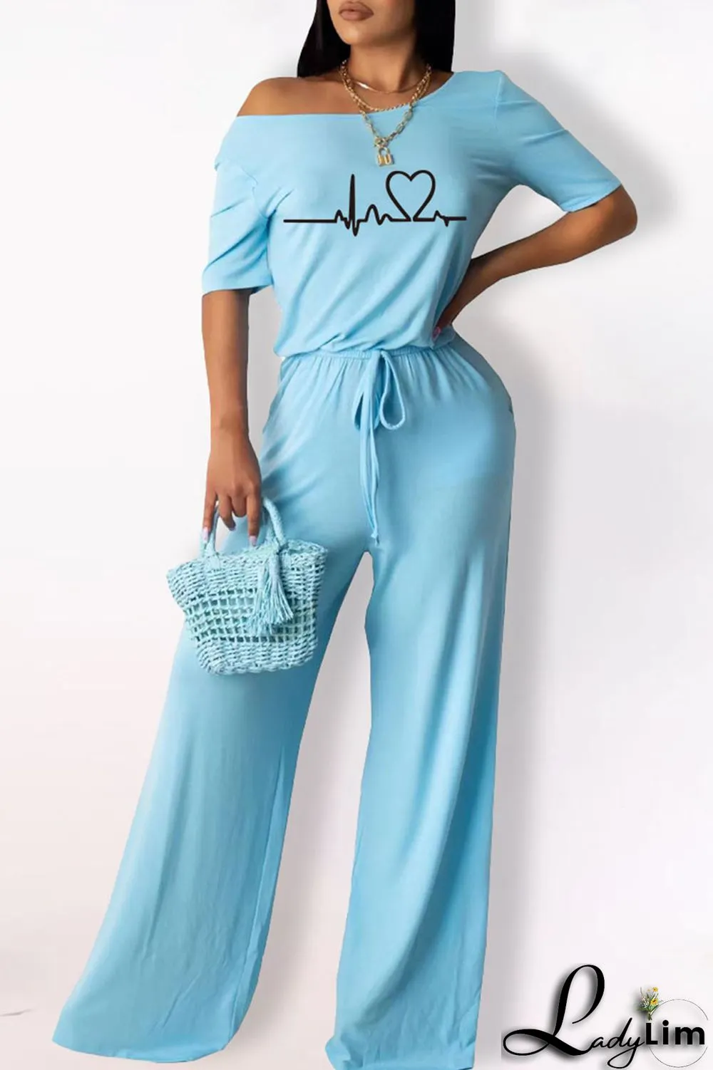 Orange Fashion Casual Print Basic O Neck Regular Jumpsuits