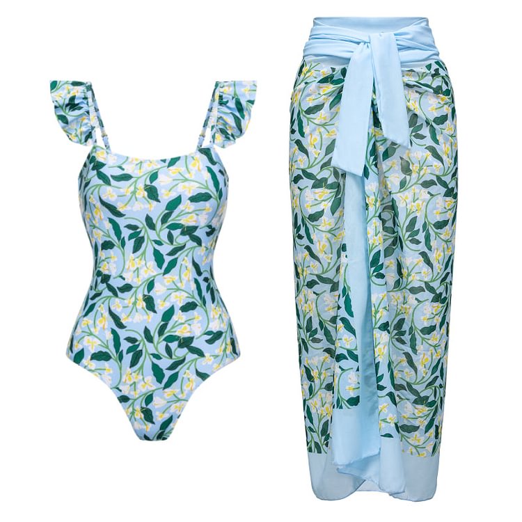 Flaxmaker Blue Fiori di Limone Printed One Piece Swimsuit and Sarong
