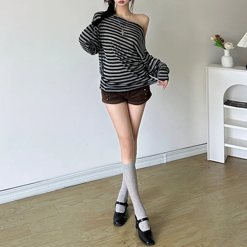 Churchf Autumn 2024 New Women's Commuting Unique Cut-Up With Slanted Shoulder Striped Long-Sleeved Top