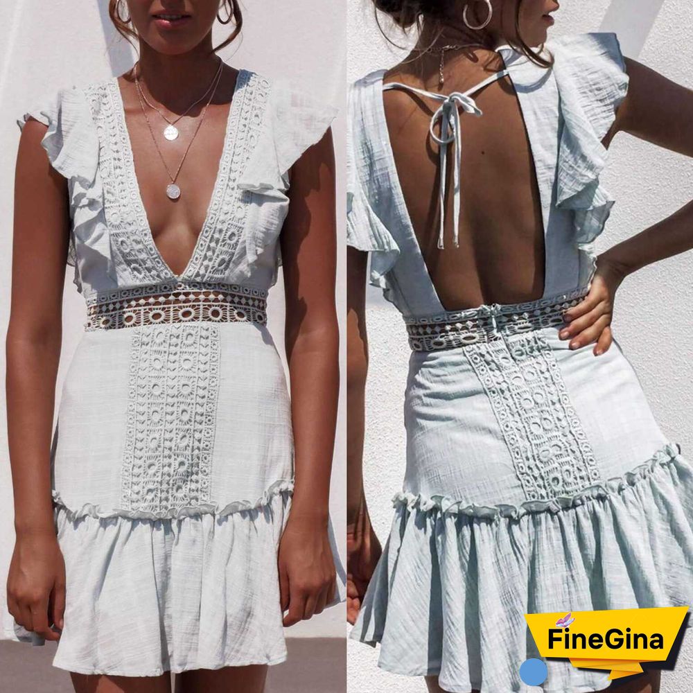 Ruffle Top Deep Plunging Eyelet Lace Crochet Frill Hem Dress