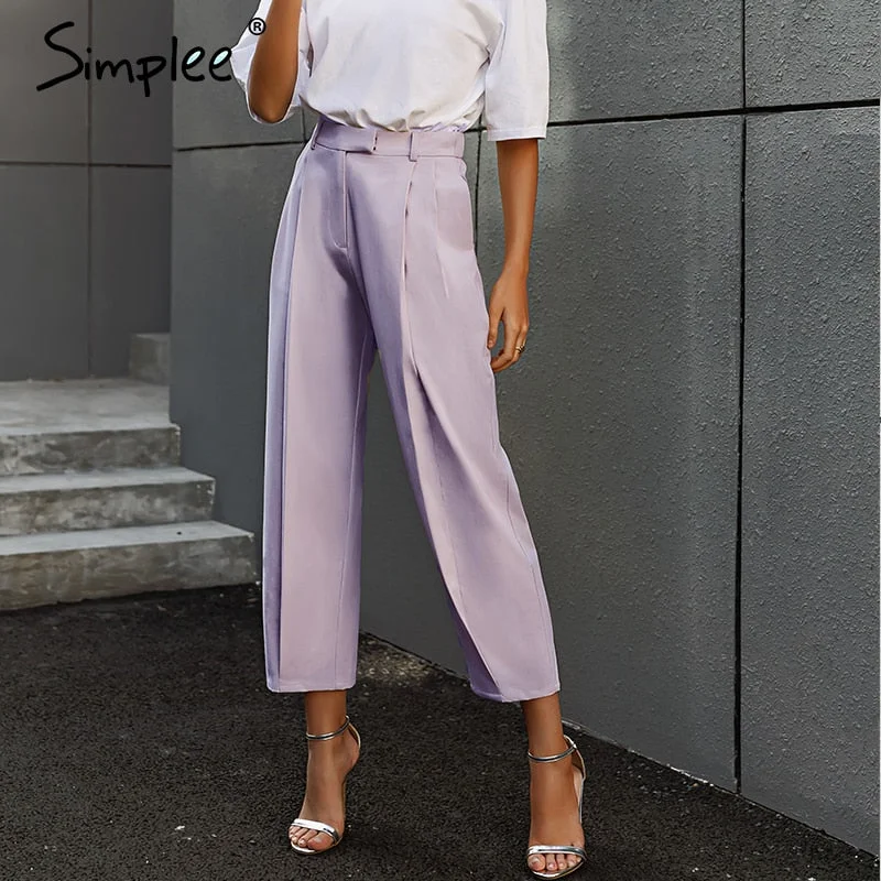 Simplee Solid high waist office lady trousers Loose casual apricot summer women pants High street style Harlan pleated trousers 929