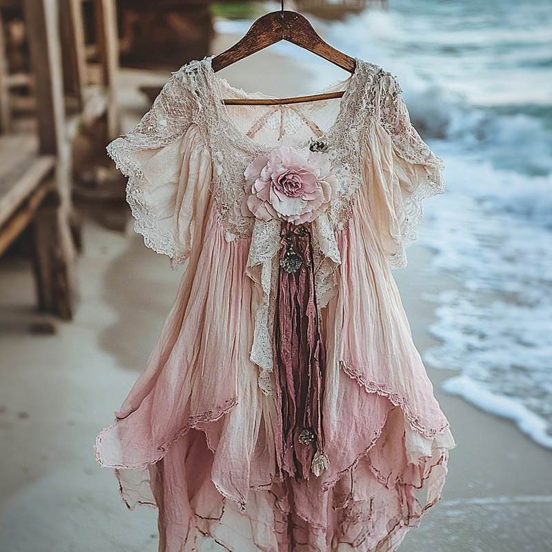 Women's Vintage Boho Floral Patchwork Comfy Midi Dress wearshes