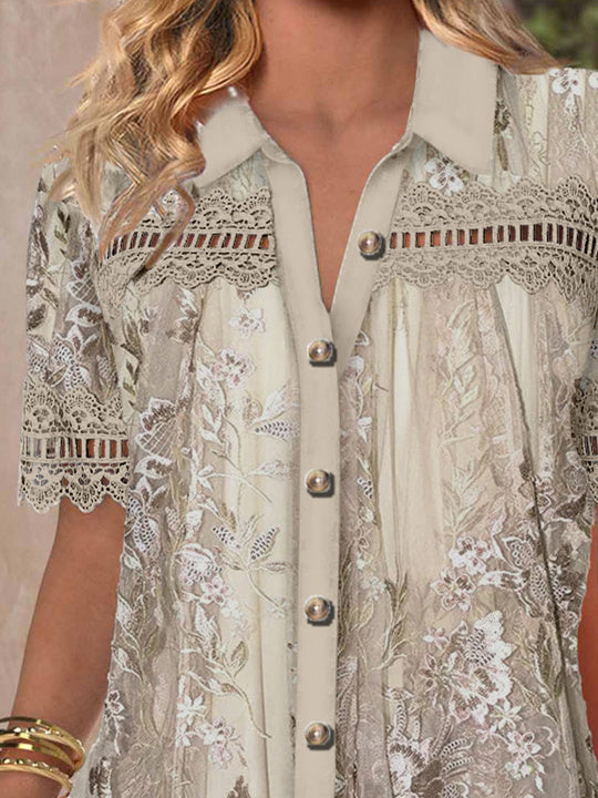 Women Short Sleeve V-neck Floral Printed Graphic Lace Hollow Stitching Button Tops
