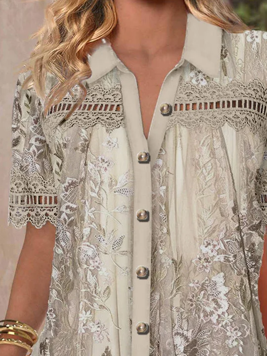 Women Short Sleeve V-neck Floral Printed Graphic Lace Hollow Stitching Button Tops
