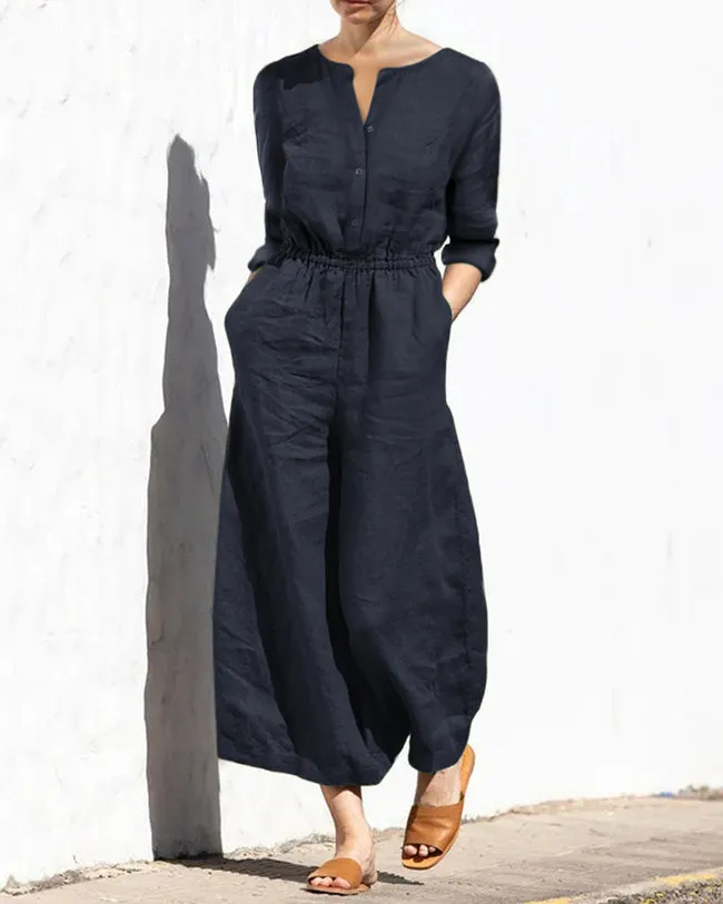 Casual Vacation Solid Pocket Buckle V Neck Loose Jumpsuits