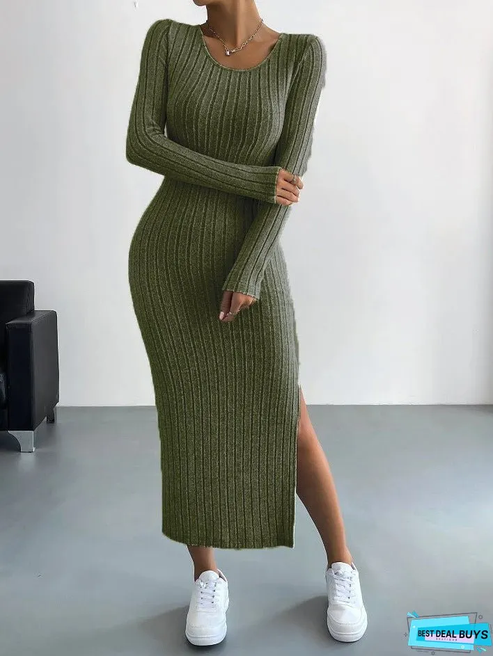 Women's Long Sleeve Crew Neck Split Knitted Dresses