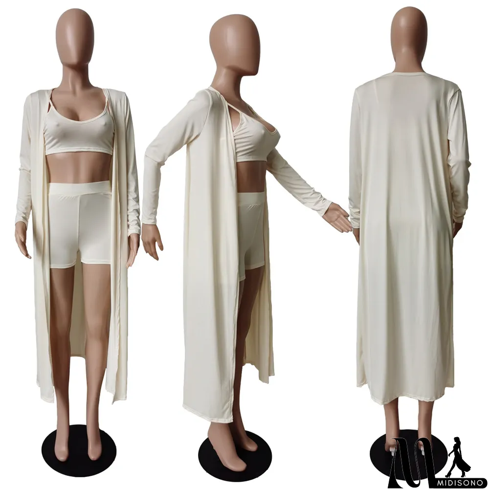 MidiSono - Solid Cami Top+Shorts+Long Cloak 3 Piece Sets
