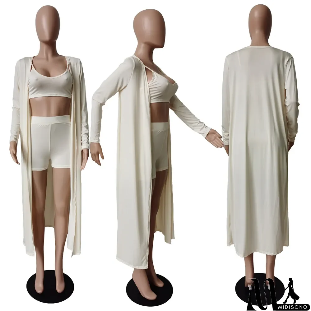 MidiSono - Solid Cami Top+Shorts+Long Cloak 3 Piece Sets