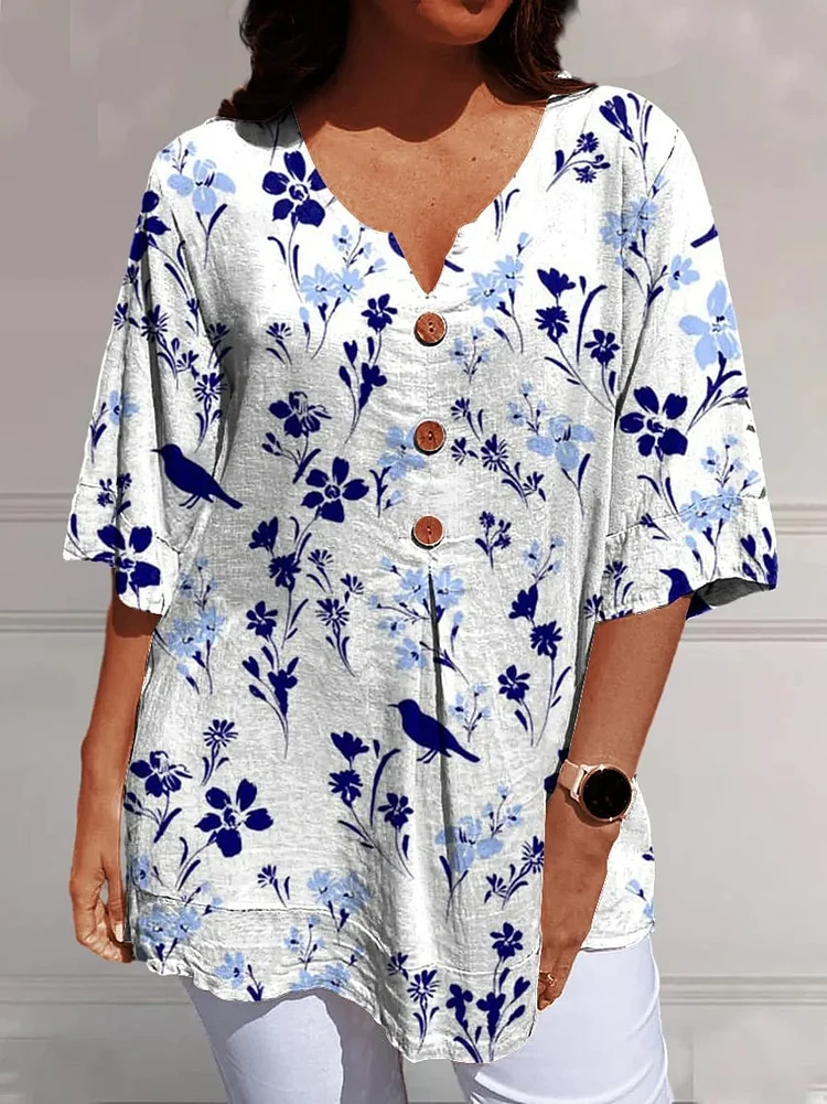 Women's Floral Pattern Print Casual Cotton And Linen V-neck Shirt