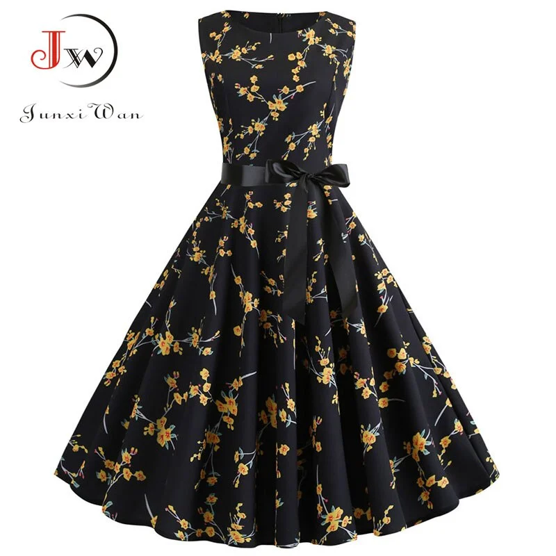 White Floral Print Women Summer Dress Sleeveless Elegant Vintage Party with Belt 50s 60s Robe Femme Casual Midi Dress