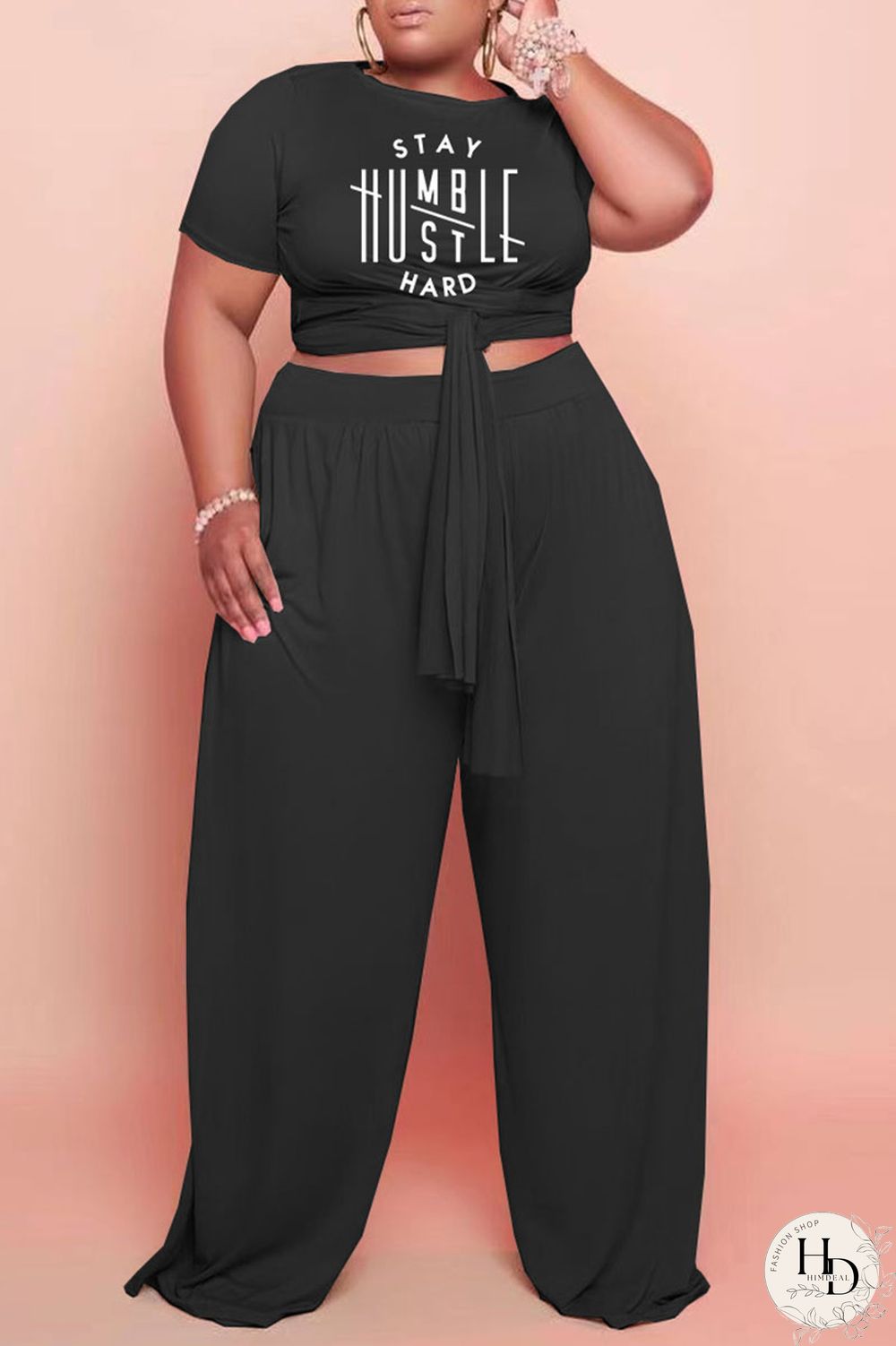 Black Casual Letter Print Bandage Split Joint O Neck Plus Size Two Pieces