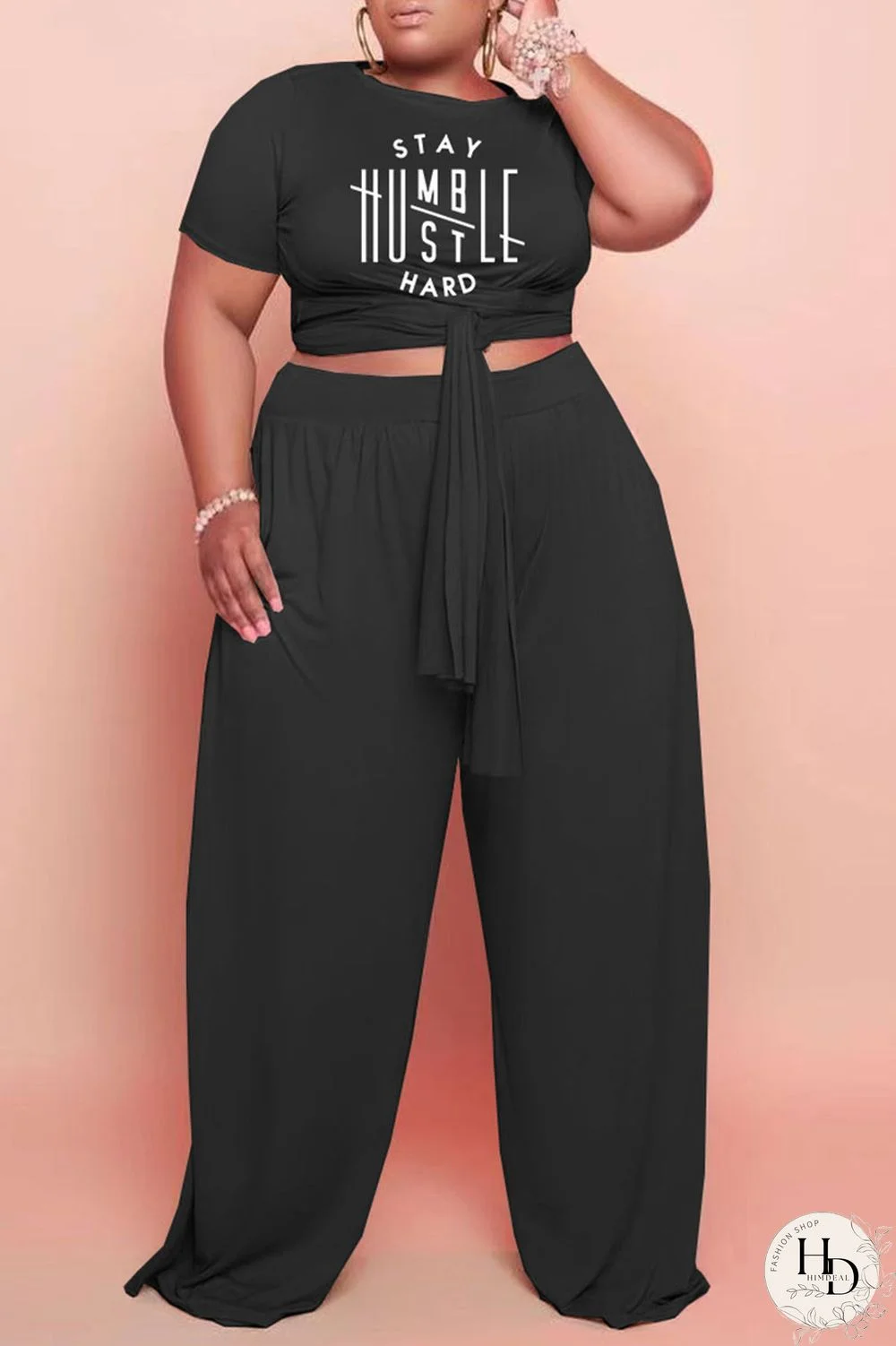 Black Casual Letter Print Bandage Split Joint O Neck Plus Size Two Pieces