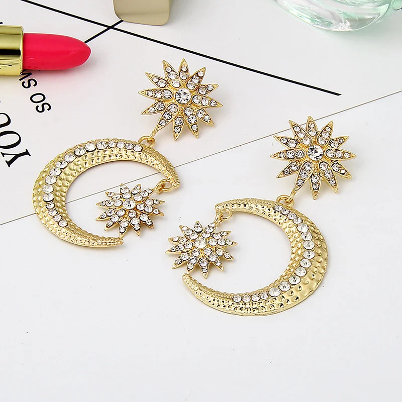 Vintage Sun Moon Star Sun Diamond Long Earrings