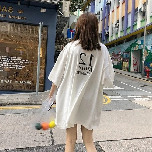harajuku Cool Girl Letter print tshirt big size Long T Shirt Femme Summer punk white Top for Women Korean Style Loose Tee Shirt