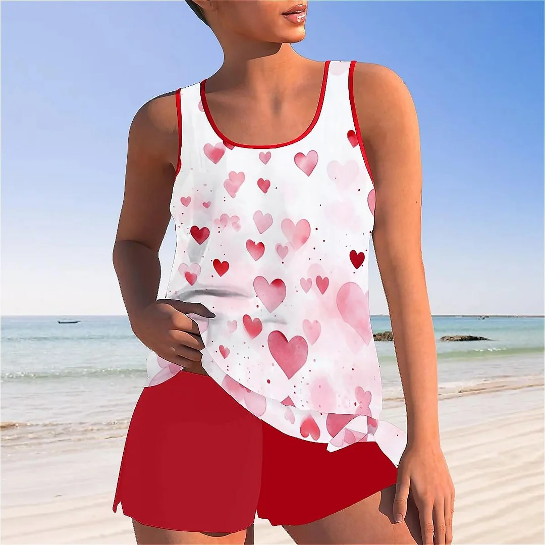 Bowknot Heart,Love,Valentine's Day Mid Waisted Tankini Set - Plus Size Available