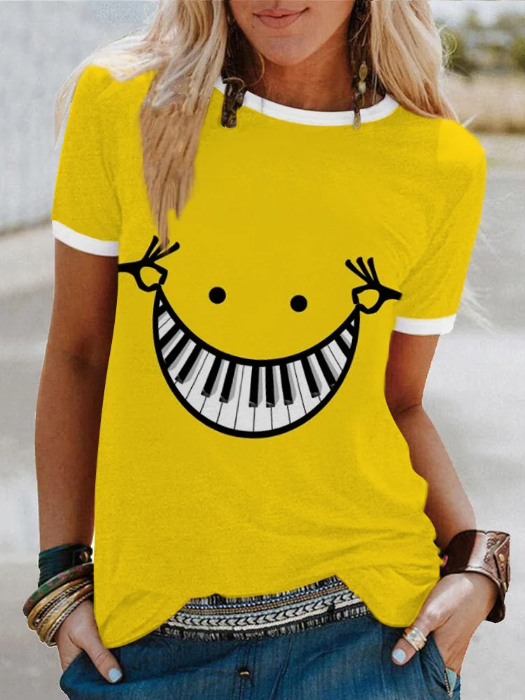 Piano Keys Cartoon Face Short Sleeve T Shirt