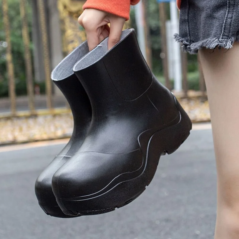 Street Trend  Women Boots Solid Color Waterproof Rain Boots Slip-on Head Short Boots Avocado Ankle Boots PU Women Platform Shoes