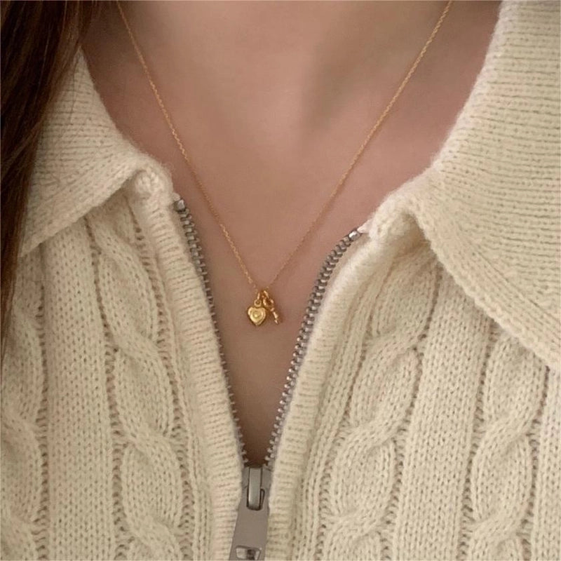 925 Sterling Silver Cable Chain Plating Heart Shape Key Pendant Necklace