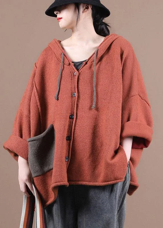 French Red Pockets Casual Sweater Coat